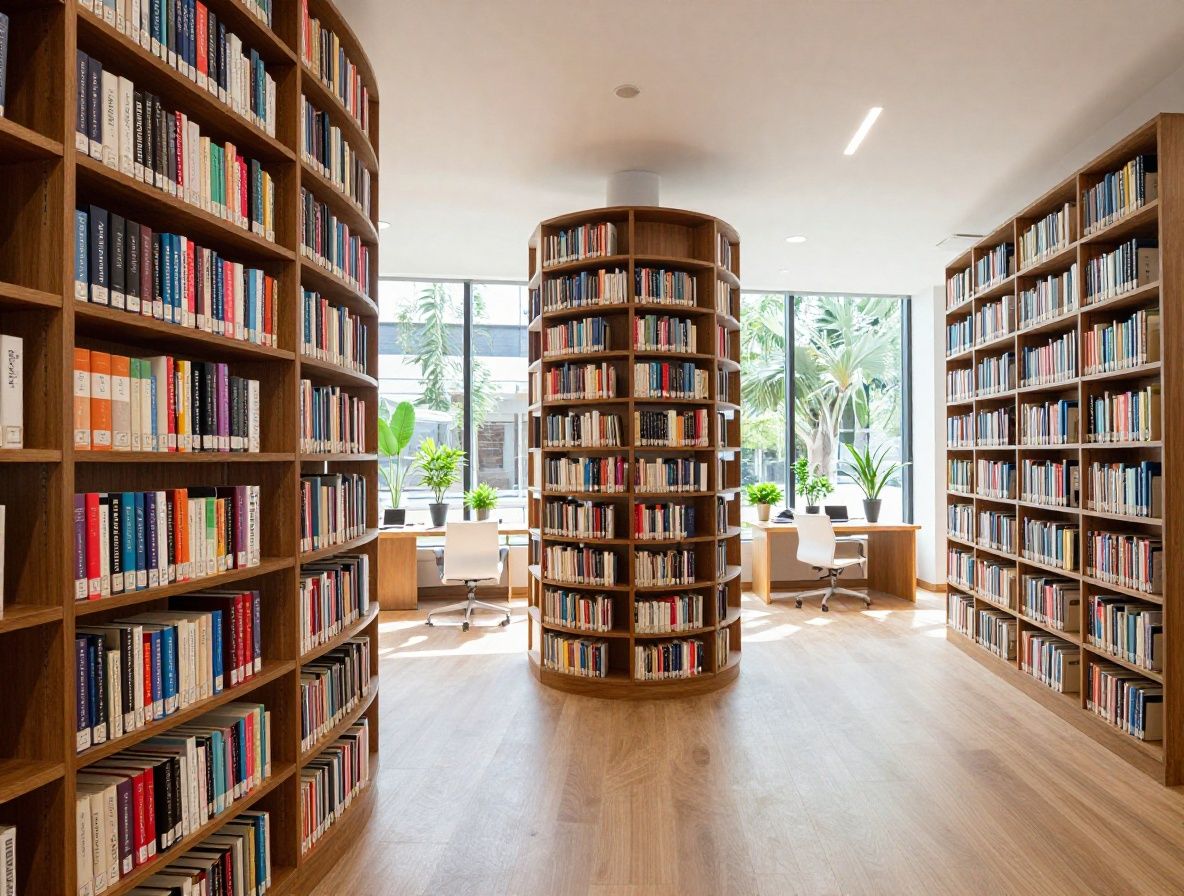 Biblioteca de investigación moderna y luminosa con grandes estanterías de libros científicos, mesas de trabajo ordenadas con plantas verdes y luz natural que entra por ventanales altos