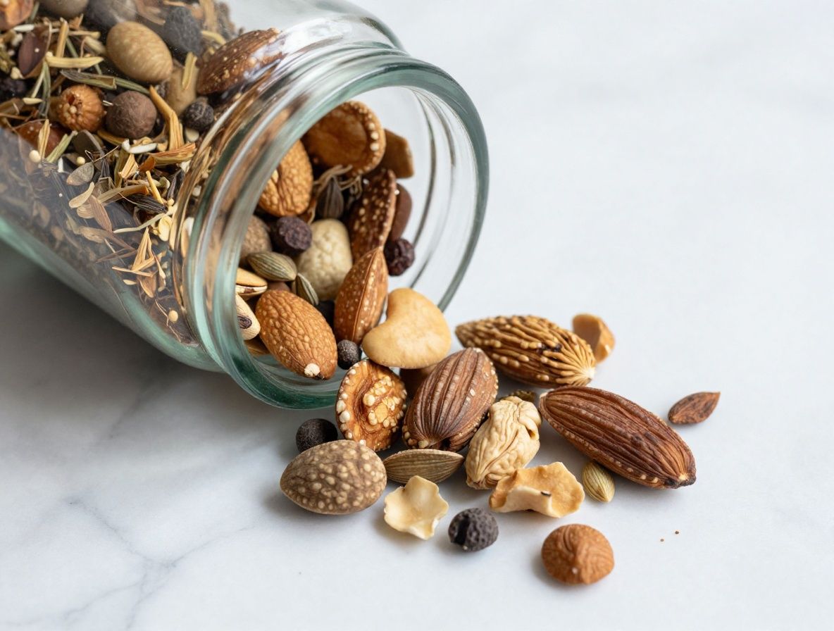 Frasco de vidrio lleno de semillas variadas, frutos secos y hierbas aromáticas secas sobre una superficie de mármol blanco, con luz natural difusa