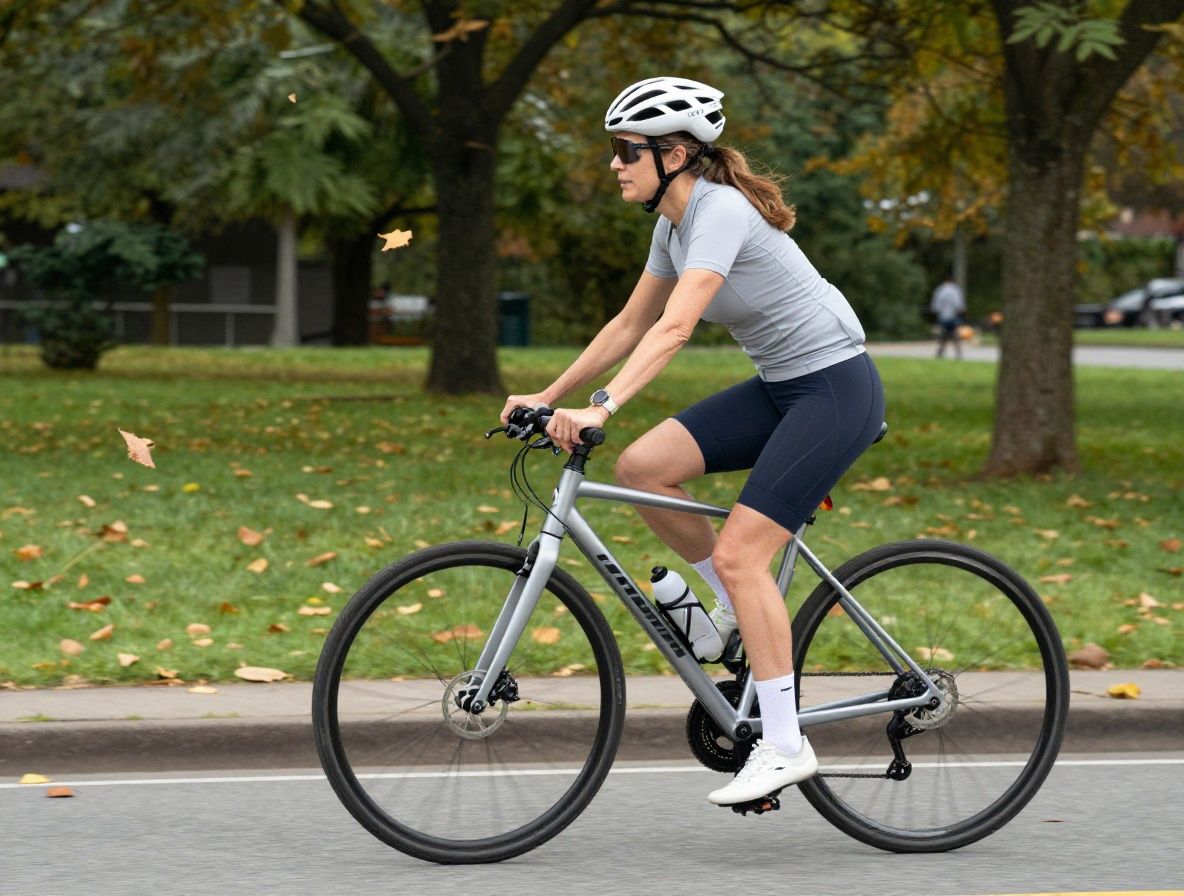 Pareja de mediana edad en bicicleta por un carril bici arbolado en otoño, con hojas doradas cayendo, expresando vitalidad y estilo de vida activo