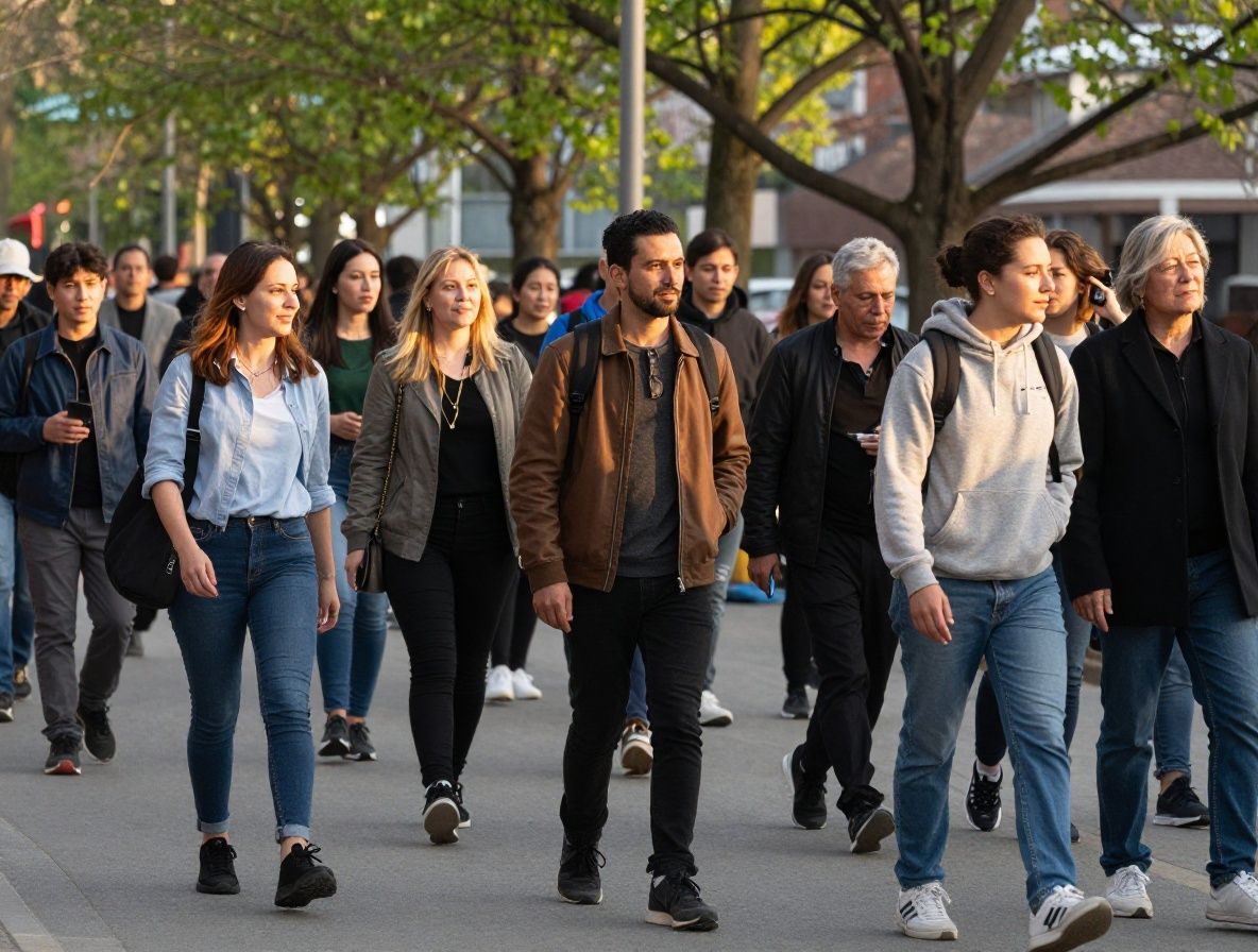 Grupo diverso de personas de distintas edades caminando por un parque urbano lleno de árboles en primavera, bajo la luz dorada de la tarde