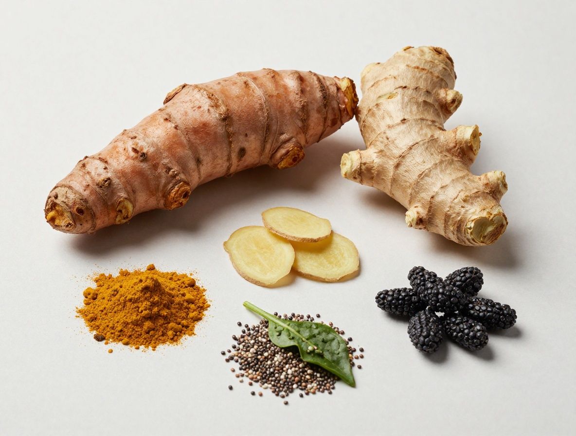 Selección de superalimentos naturales sobre fondo oscuro: cúrcuma en polvo, raíz de jengibre, bayas de goji, semillas de chía y hojas de espinaca fresca, composición artística con iluminación dramática