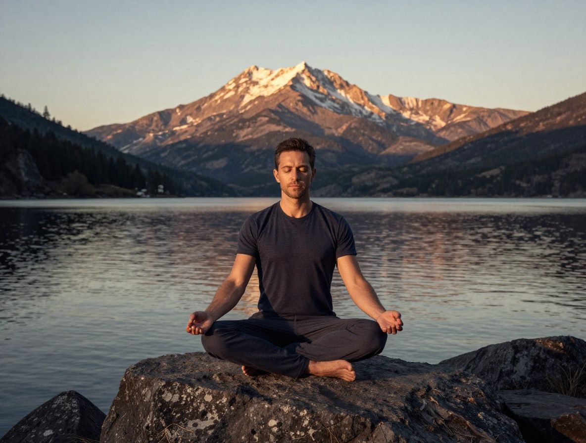 Hombre sentado en postura de meditación sobre una roca en un entorno natural sereno con lago y montañas al fondo durante el amanecer